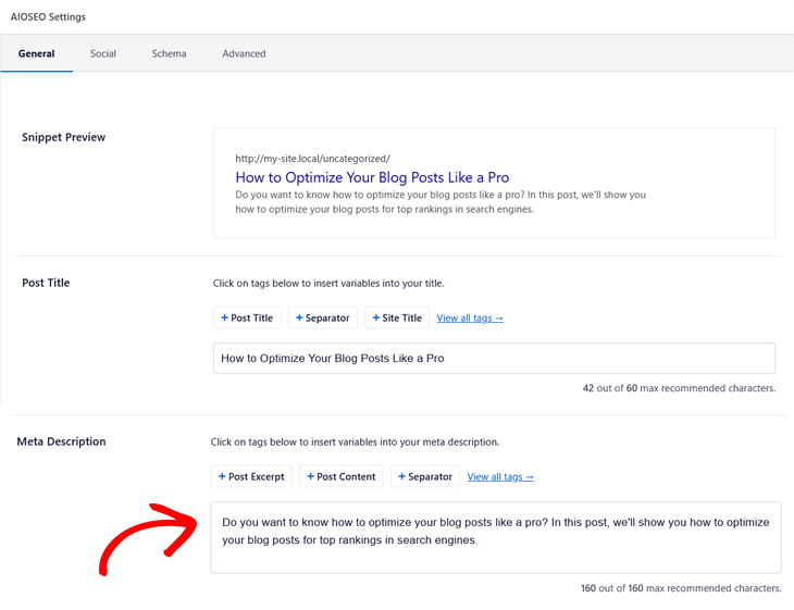 aioseo general settings meta description