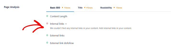 aioseo page analysis internal links