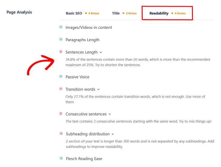 aioseo page analysis readability