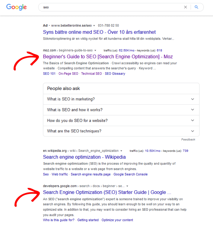 search engine results on google