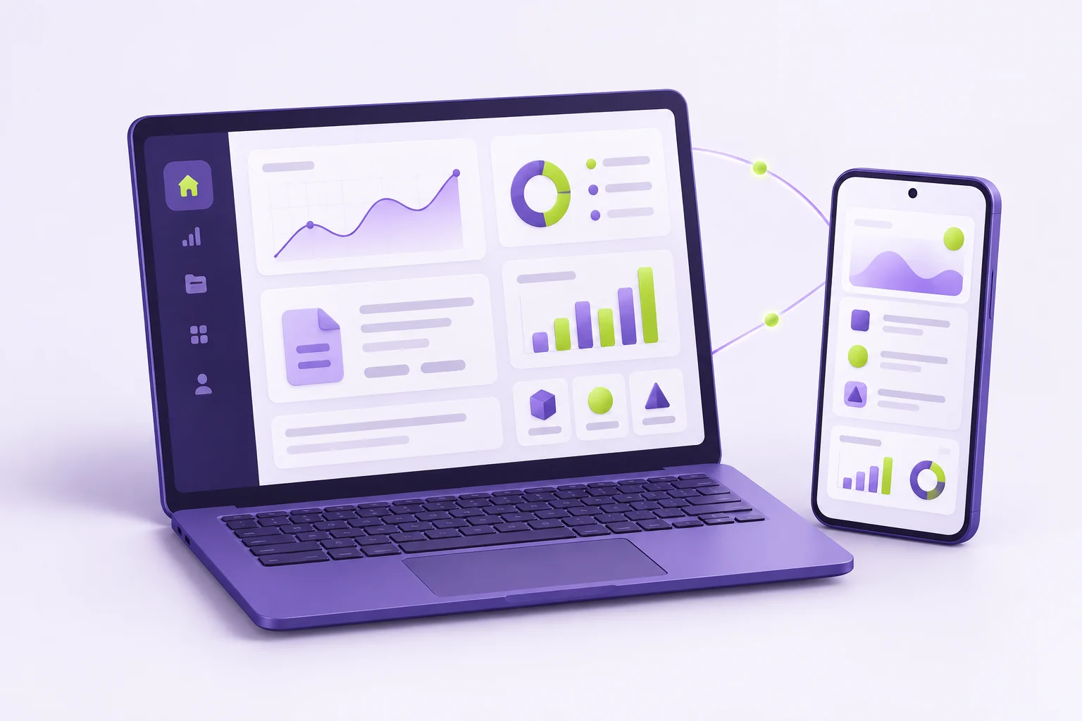 Izrada sajtova, web prodavnica, AI web proizvoda, Android i Windows aplikacija i SEO 1 Ilustracija laptopa i telefona sa povezanim aplikacijama u ljubičastim i limeta bojama Geos Labs.